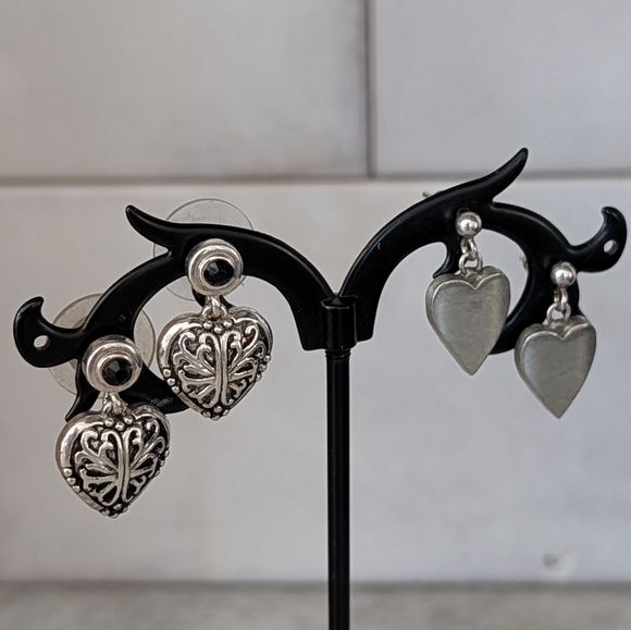 Silver Tone Tiny Heart Post Drop Earrings Set - Picture 9 of 12
